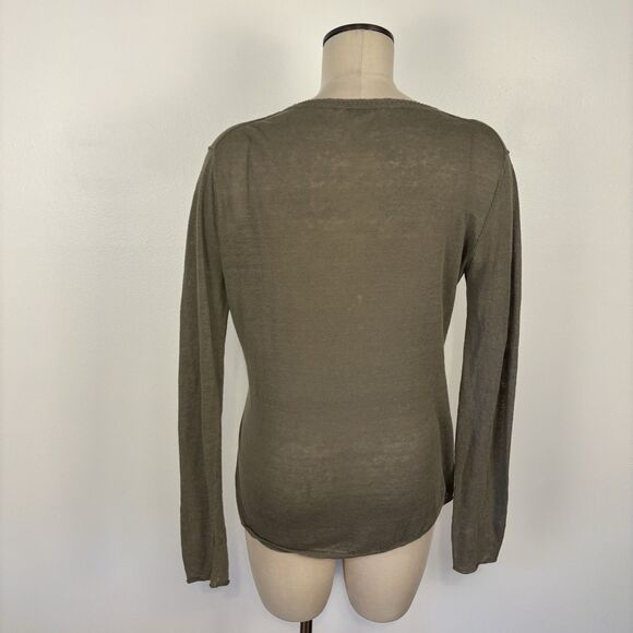 New Scotland Womens medium Olive Green Linen Blend Long Sleeve V-Neck Top Shirt - Picture 3 of 6